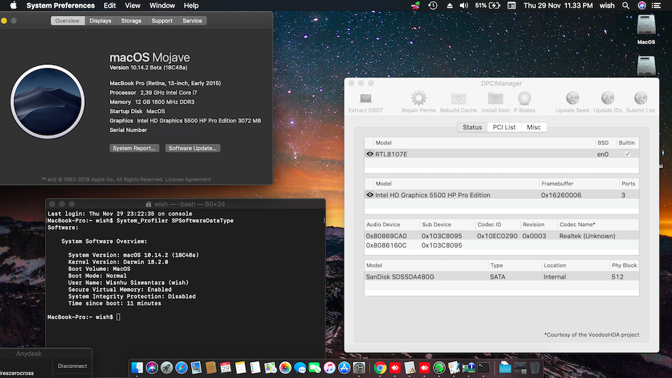 Success Hackintosh macOS Mojave 10.14.2 Beta Build 18C48a at HP Pavilion 14-AB033TX